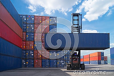 Forklift truck lifting cargo container in shipping yard or dock yard against sunrise sky for transportation import Stock Photo