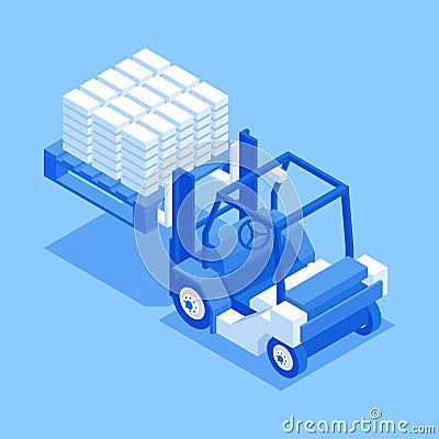 Forklift truck lifting stack construction bricks isometric vector commercial cargo industrial supply Vector Illustration