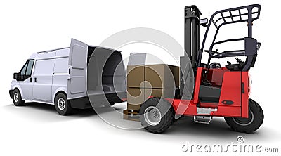Forklift truck loading a van Stock Photo