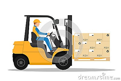 Forklift truck with man driving. Vector Illustration