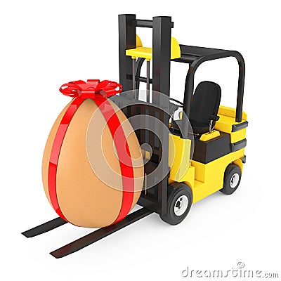 Forklift Truck moves Big Brown Easter Egg tied of Red Ribbon wit Stock Photo