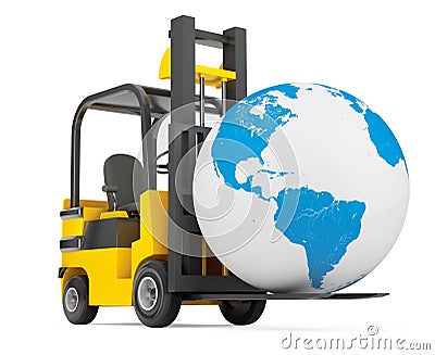 Forklift Truck moves Earth Globe Stock Photo