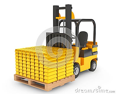 Forklift Truck moves Golden Bars Stock Photo