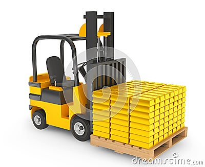 Forklift Truck moves Golden Bars Stock Photo