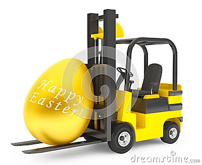 Forklift Truck moves Golden Easter Egg Stock Photo