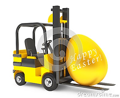 Forklift Truck moves Golden Easter Egg Stock Photo