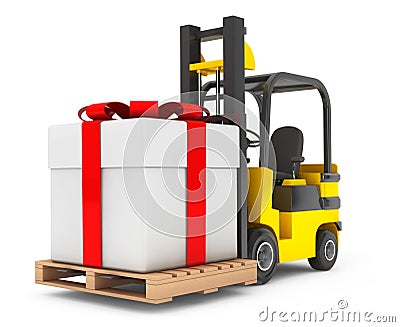 Forklift Truck moves Huge Gift Box Stock Photo