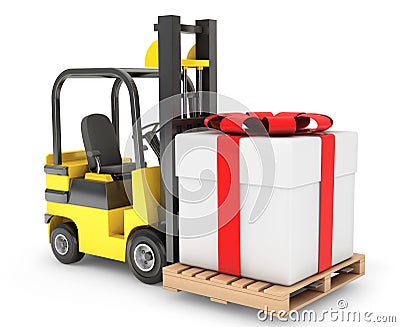 Forklift Truck moves Huge Gift Box Stock Photo