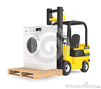 Forklift Truck moves Modern Washing Machine. 3d Rendering Stock Photo