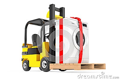 Forklift Truck moves Modern Washing Machine with Ribbon and Bow Stock Photo