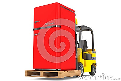 Forklift Truck moves Vintage Refrigerator Stock Photo