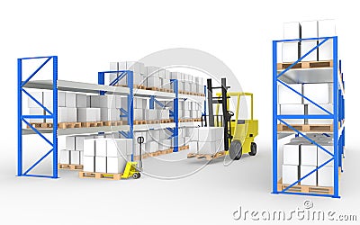 Forklift , truck and shelves. Stock Photo