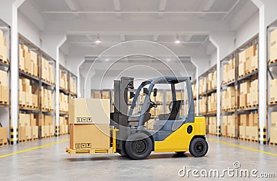 Forklift truck in warehouse. Cartoon Illustration