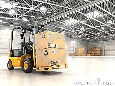 Forklift truck in warehouse or storage loading cardboard boxes. Stock Photo