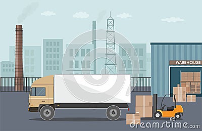 Forklift truck in warehouse. Truck loading in the warehouse building. Vector Illustration