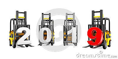 Forklift Trucks with 2019 New Year Sign. 3d Rendering Stock Photo