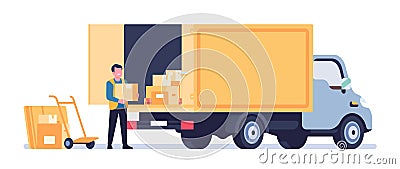 Forklift unloads cargo from truck. Worker loading cardboard boxes into lorry wagon. Loader lifting parcels. Freight Vector Illustration