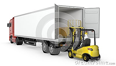 Forklift unloads or loads white blank semi-trailer Stock Photo