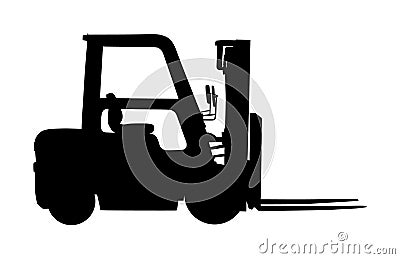 Forklift vector silhouette, heavy loader. Cargo from warehouse to truck. Storage equipment racks, pallets with goods. shipping. Vector Illustration