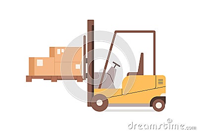 Forklift, warehouse equipment for lifting boxed, loading cardboards on pallets. Fork lift with carton parcels. Stockroom Vector Illustration