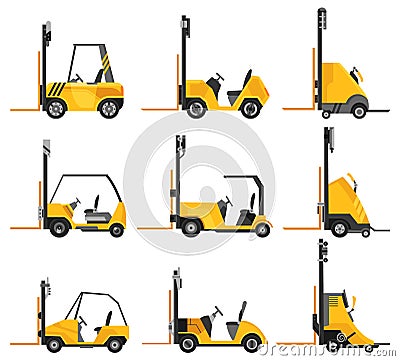 Forklift warehouse and storage equipments collection. Yellow machine without driver isolated on white background Vector Illustration