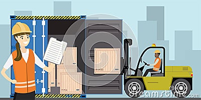 Forklift working with cargo container and product wooden boxes Vector Illustration