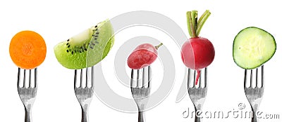 Forks with different vegetables and fruits on background, banner design. Healthy meal Stock Photo