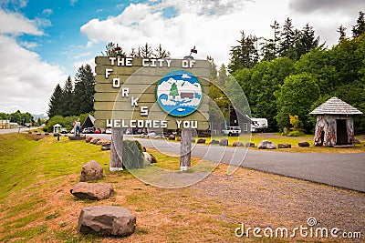 Forks, Washington, USA Welcome Sign Editorial Stock Photo