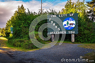 Welcome sign for the City of Forks in Washington, USA Editorial Stock Photo