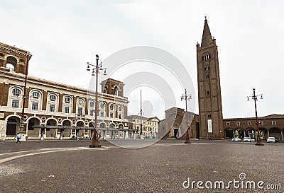 ForlÃ¬, Piazza Saffi with the Abbey of San Mercuriale, the very symbol of the city. Editorial Stock Photo