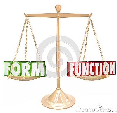 Form Over Vs Function Words Gold Scale Style Substance Stock Photo