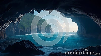 A cinematic view of the ocean, from a cave Generative AI Stock Photo