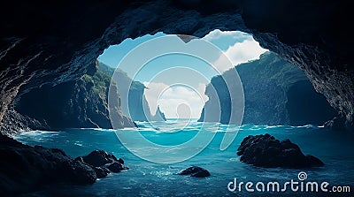 A cinematic view of the ocean, from a cave Generative AI Stock Photo