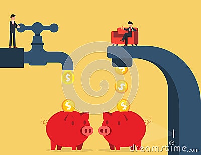 Form of saving money from business income. multi cash flow from pipe into wealthy piggy bank Vector Illustration