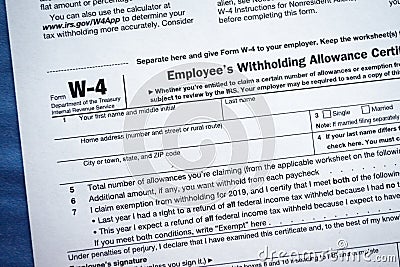 Form W-4 Employee`s Withholding Allowance Certificate Editorial Stock Photo