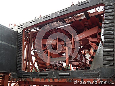 Form work Construction concrete worker post tension bridge Stock Photo