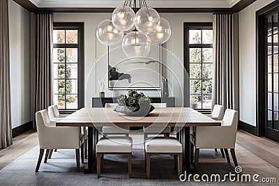 A formal dining room with a long wooden table, designer chairs, and a statement lighting fixture. Stock Photo