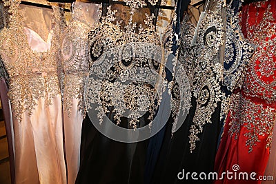 Formal garment industry- manufacturing fancy gowns for New Years or Prom! Stock Photo