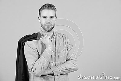 Formal menswear concept. Man bearded strict face wears formal clothes, grey background. Guy bearded attractive with Stock Photo