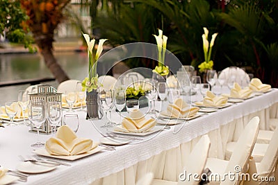 Formal table setting. Outdoor garden style table decoration Stock Photo