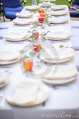 Formal Thanksgiving table setting in the fall family group tradition Stock Photo