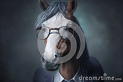 Formally dressed horse sporting glasses in portrait. Generative AI Stock Photo