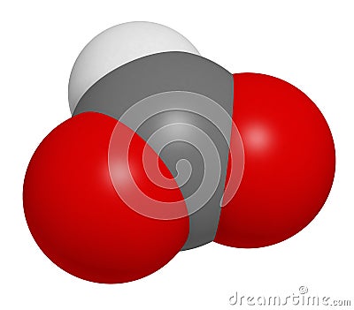 Formate anion, chemical structure. 3D rendering. Atoms are represented as spheres with conventional color coding: carbon (grey), Stock Photo