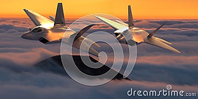 Formation of the fifth generation :Lockheed Martin F-22 Raptor of the US Air Force in flight above the clouds Editorial Stock Photo