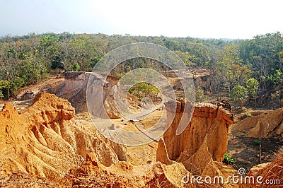 Formation pedestal mushroom rocks of Phae Mueang Phi Forest Park originated from soil landscape and natural erosion of sandstone Stock Photo
