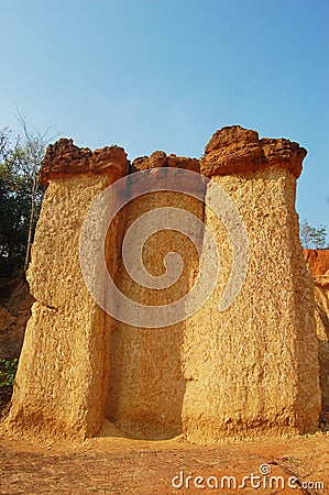 Formation pedestal mushroom rocks of Phae Mueang Phi Forest Park originated from soil landscape and natural erosion of sandstone Stock Photo