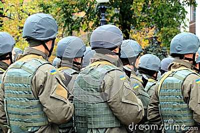 Formation of soldiers of the Ukrainian army. The celebration of Defender of the Fatherland Day Editorial Stock Photo