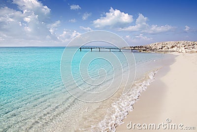 Formentera beach wood pier turquoise balearic sea Stock Photo