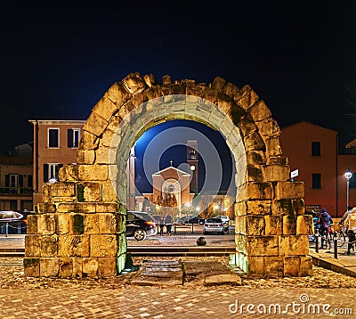 Former city gate Porta Montanara in Rimini, Italy Editorial Stock Photo