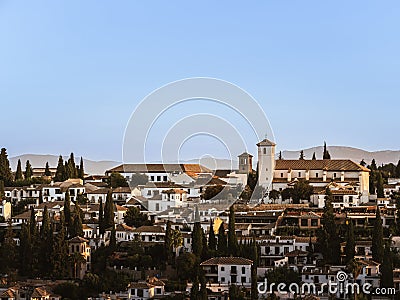 The former Moorish residential district of Albaicin with the Mirador de San Nicolas and the church of San Nicolas in Granada, Stock Photo